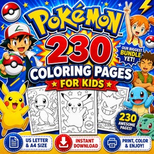 May include: A digital collection of 230 Pokémon colouring pages for kids featuring Ash, Misty, Brock, Pikachu, Charmander, Gengar, Squirtle, and Bulbasaur. The graphic includes the text 230 COLOURING PAGES FOR KIDS, OUR BIGGEST BUNDLE YET, and INSTANT DOWNLOAD.