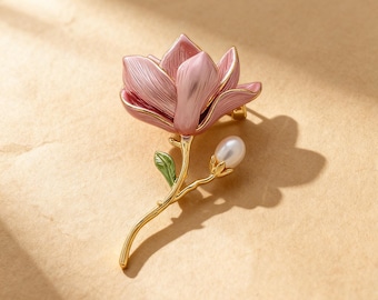 Magnolia Flower Brooch Pink Enamel Gold Lapel Pin Elegant Floral Jewelry Gift for Her