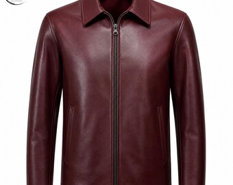 Herren Burgunder Lederjacke Minimalist Zip Up Rindsleder Slim Fit Classic Collar