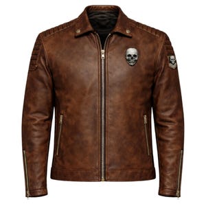 Men’s Skull Patch Leather Biker Jacket Gothic Motorcycle Cafe Racer Style