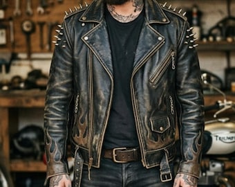 Vintage Hellfire Racer Lederjacke für Herren, Biker-Stil mit Spikes und Flame Back Design