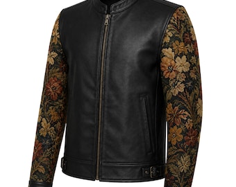 Tapisserie-Ärmel-Schwarz-Leder-Bikerjacke, Unisex-Moto-Mantel, Gothic-Mode-Oberbekleidung