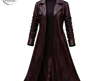 Burgunder Ledermantel in voller Länge, Gothic Tailored Statement Oberbekleidung