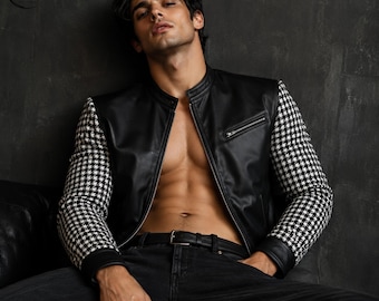 Herren Balck Echtleder Moto Jacke, Hahnentritt-Stoffärmel, Minimalist Racer Oberbekleidung