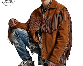 Herren Cowboy Fransen Wildlederjacke Western Braun Vintage Style