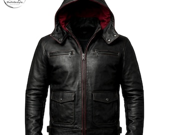 Dämonentöter inspirierte Tanjiro Augen Herren Kapuzenjacke aus echtem Leder, Anime Cosplay Streetwear