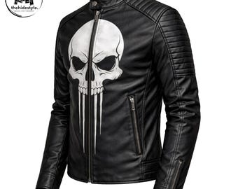 Punisher Totenkopf Leder Bikerjacke für Herren - Gothic Motorrad Style