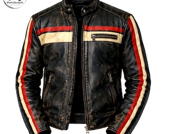 Herren Vintage Echtes Rindsleder - Distressed Black Retro Biker Style mit Racing Stripes