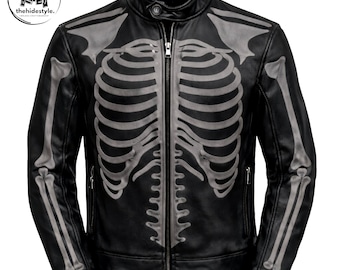 Skeleton Bone Echtrindsleder Bikerjacke für Herren - Gothic Motorrad Style