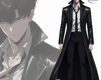 Solo Leveling Inspirierter schwarzer Leder Trenchcoat, Anime Cosplay lange ausgestellte Jacke, limitierte Auflage
