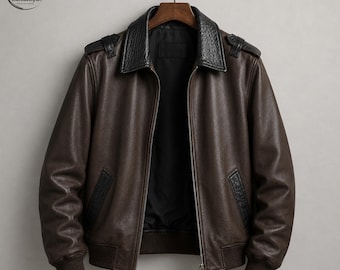 Dunkelbraune Leder Bomberjacke für Herren, Vintage Aviator Style mit Krokodilkragen, Luxus Streetwear