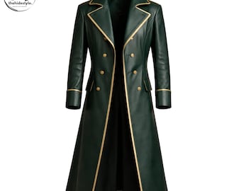 Manteau en cuir vert pleine longueur inspiré d'une pièce - Trench gothique unisexe, style anime minimaliste, édition limitée
