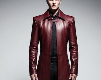 Royal Alchemist Burgund Leder Trenchcoat Handgemachter Bestickter Gothic Fantasy Mittelalter Mantel für Herren