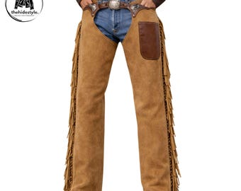 Echtes Rindsleder Wildleder Leder Chaps Handmade Western Cowboy Reiten Fringe Wear, Limited Edition