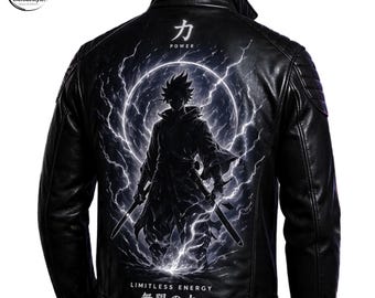 Veste motard en cuir noire pour homme | Impression Cyberpunk Anime Energy Aura, streetwear japonais