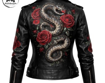 May include: Black leather jacket featuring a detailed snake and red rose design on the back. The jacket has a classic biker style with a notched collar, zippered pockets, and a fitted silhouette. The sleeves also have rose detailing.