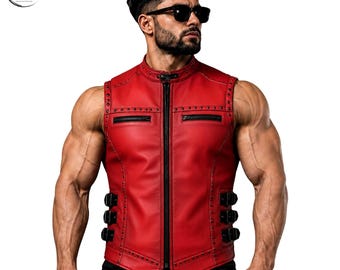 Handgefertigte Herren Red Rindsleder Biker Weste Nieten Gothic Moto Punk Weste