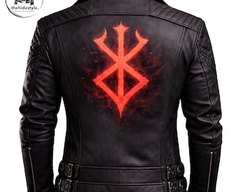Berserk inspirierte schwarze Leder Bikerjacke für Herren - Rindsleder und Schaffell, Gothic Anime Style