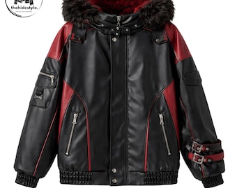 Genshin Auswirkungen inspirierte Leder Bomberjacke für Herren - Fellkapuze Gothic Techwear, Limited Edition