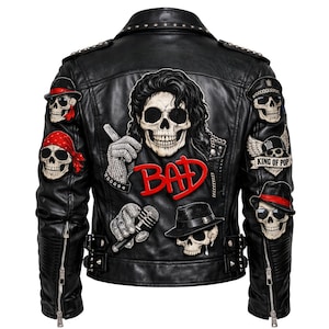 May include: Black leather jacket featuring skull patches and the word "BAD" in red. The jacket has a studded collar and zipper closure. Skull patches include a skull wearing sunglasses, a hat, and a bandana. The jacket is a unique fashion statement.