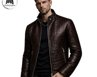 Krokodilgeprägte Lederjacke für Herren - Braune Kroko-Textur im Biker-Stil in Schaffell oder Rindsleder
