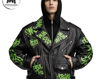 Graffiti-Jacke aus echtem Leder für Herren - Streetwear-Biker-Punk-Motorradstil