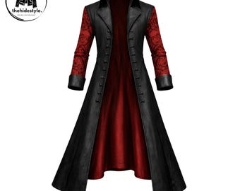 One Piece Full Length Gothic Black Leather Coat with Red Sleeves – Mihawk, Limited Edition.
