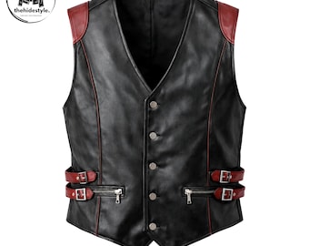 Wriothesley Genshin Auswirkungen inspiriert Echtleder Weste Männer, Anime Biker Streetwear Schwarz Rot Weste
