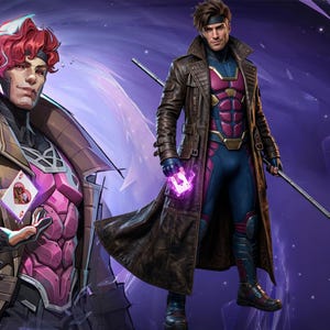 May include: Digital illustration of a character in a brown leather trench coat, blue and magenta bodysuit, and black boots. The character holds a glowing playing card and a staff. A second image of the character is on the left.