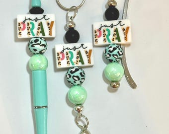 Beaded Pen, Keychain, Bookmark Set, Just Pray Christian Gift