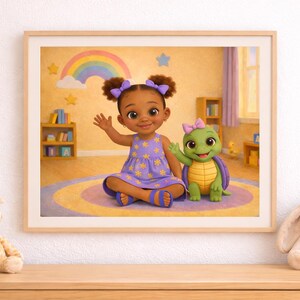May include: A framed illustration of a young girl in a purple dress with yellow stars, sitting next to a cartoon turtle. The background features a rainbow, stars, and a room setting with bookshelves. A wooden cloud and a giraffe plush toy are on the shelf.