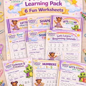 May include: Preschool learning pack with six fun worksheets. The worksheets feature colorful illustrations of shapes, numbers, and letters. The pack includes a variety of activities designed for early childhood education.