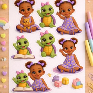 May include: Sheet of stickers featuring cartoon illustrations of a girl with brown skin and a turtle. The girl wears a purple dress with yellow flowers and a purple bow. The turtle is green with a pink bow. Other stickers include a teddy bear and building blocks.