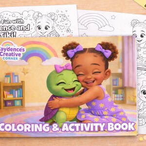 May include: A children's coloring and activity book titled "Caydence's Creative Corner" featuring a cartoon girl hugging a turtle. The cover has a rainbow and the words "COLORING & ACTIVITY BOOK". Several black and white coloring pages are also visible.