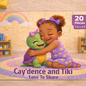 May include: A 20-piece puzzle featuring a cartoon girl hugging a turtle. The puzzle has a rainbow, stars, and the text "Cay'dence and Tiki Love To Share." The puzzle measures 7.8 x 5.7 inches.