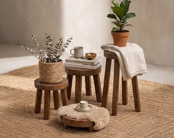 Rustic wooden stool handcrafted vintage plant stand stools custom natural low solid wood stool