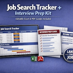 May include: A digital job search tracker and interview prep kit with editable Excel and PDF guides. The image shows a tablet displaying a job search tracker, interview prep guide, and resume tips. A circular badge reads "Land the Job!"