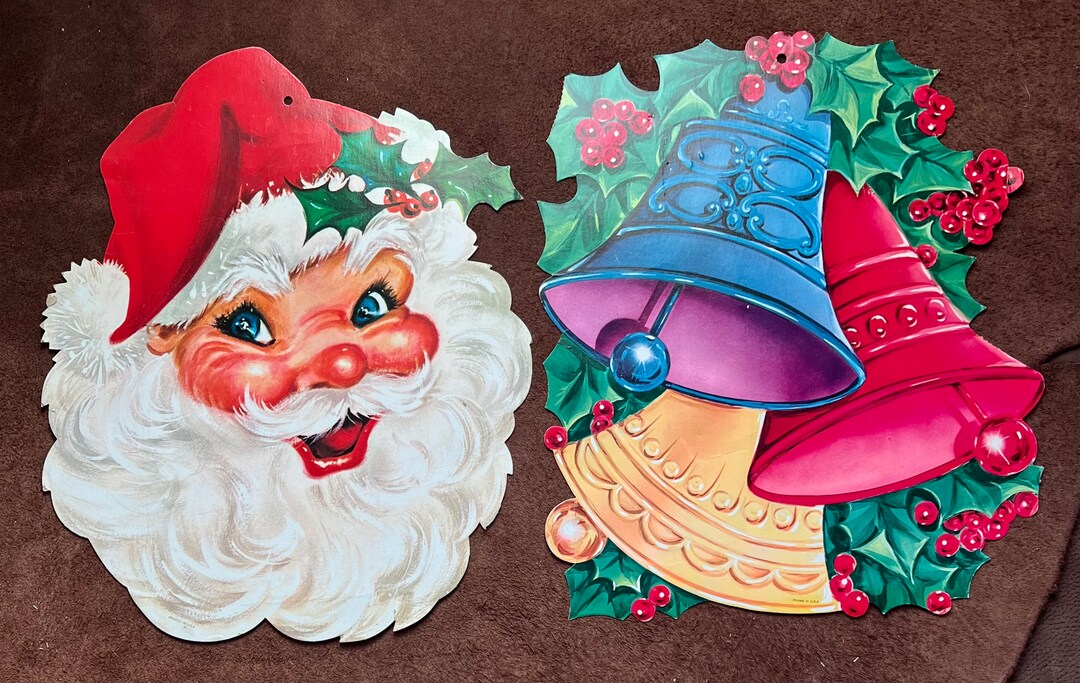 Vintage Holiday, Christmas Paper Board Decorations Santa Claus and
