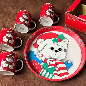 vintage Christmas Bear mug set and tin serving tray