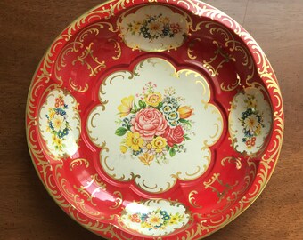 VTG Daher England boho floral tin round tray 16\u201d brown red orange green metal VTG Daher England boho floral tin round tray 16\u201d brown red orange green metal