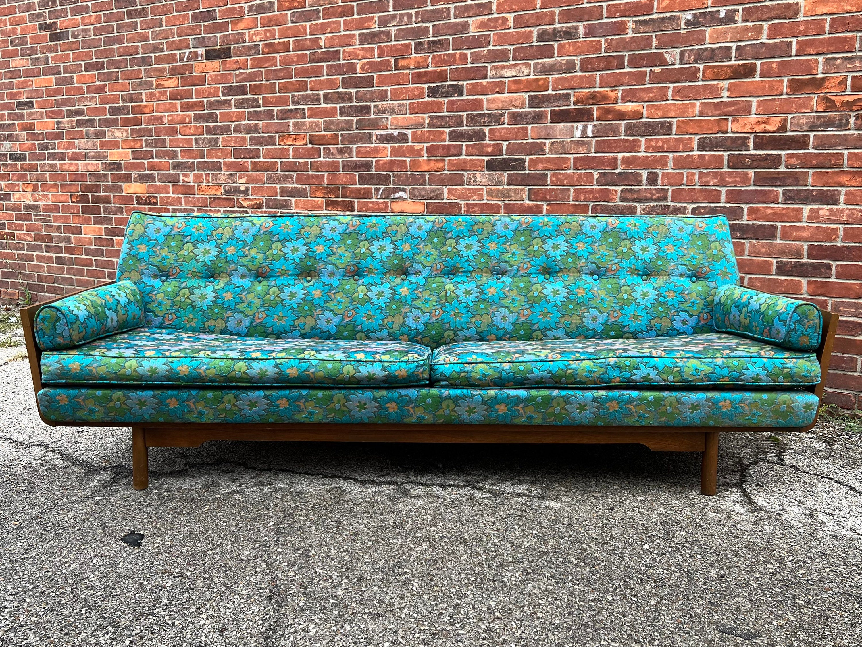 Fabulous Mid Century Modern Floral 4 Seat Sofa Cane Sides 96