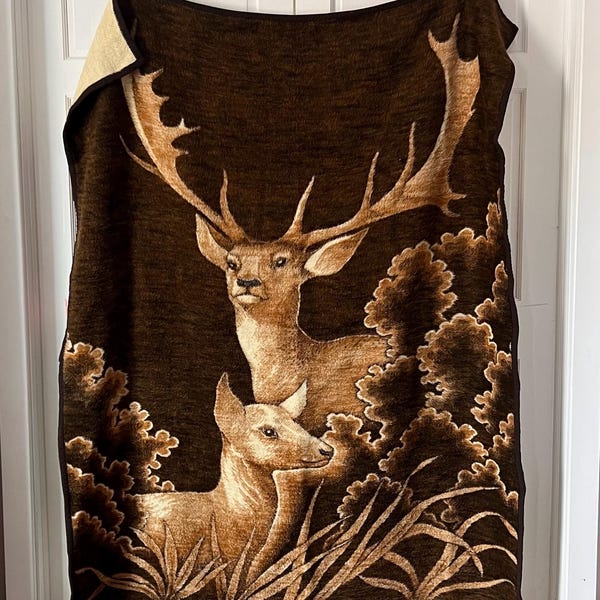 vintage Biederlack blanket rustic stag deer buck and doe scene