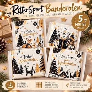 May include: Four rectangular paper wrappers for Ritter Sport chocolate bars featuring festive Christmas designs in black, white, and gold. The prints include illustrations of deer, rabbits, pine trees, gift boxes, and holiday text in German.