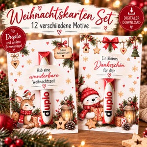 Könnte beinhalten: Ein Set aus zwei Weihnachtskarten mit festlichen Illustrationen eines Rehs und eines Eisbären, die jeweils einen Duplo-Schokoriegel halten. Die Karten enthalten deutsche Texte wie 'Hab eine wunderbare Weihnachtszeit' und 'Ein kleines Dankeschön für dich' sowie Motive wie Tannenzweige, Laternen und Schneeflocken.