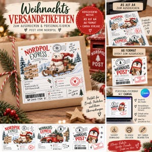 Utskrivbara julfraktetiketter | North Pole Post Secret Santa Mail | Ytterligare anpassningsbar Canva-mall | Jultomtebrevpaketklistermärken