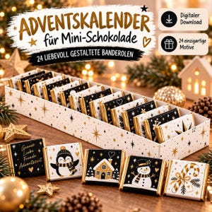 Op de afbeelding: Een rechthoekige doos met 24 mini chocoladerepen verpakt in zwart-wit papier met gouden sterren. Het deksel bevat de tekst "ADVENTSKALENDER für Mini-Schokolade" en "24 LIEBEVOLL GESTALTETE BANDEROLEN".