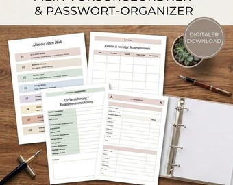 Vorsorgeordner PDF zum Ausdrucken | Notfallordner für Singles, Paare Familien | 87 Seiten + Passwort Organizer | A4 US Letter | Notfallmappe