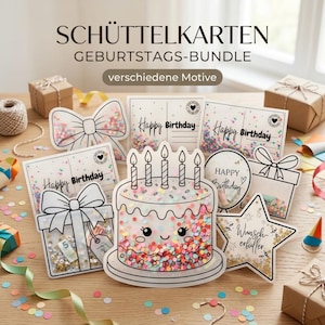Puede incluir: Una colección de tarjetas tipo shaker con varios diseños de cumpleaños que incluyen un pastel, cajas de regalo, estrellas y postales. Cada tarjeta contiene confeti de colores en una ventana transparente. El texto incluye Happy Birthday.