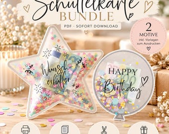 Op de afbeelding: Een digitale set van twee printbare schudkaarten, één stervormig en één ballonvormig, gevuld met kleurrijke confetti en bankbiljetten. De sterkaart bevat de tekst 'Wunsch erfüller' en de ballonkaart toont 'HAPPY Birthday'.