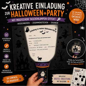 Könnte beinhalten: Ein DIY-Halloween-Einladungskarten-Set mit einer schwarzen Karte mit Ausstanzung und einer Taschenlampen-Attrappe aus Papier. Die Einladung enthält deutschen Text, Geister- und Fledermausgrafiken sowie ein Bild eines Spukschlosses.